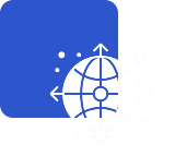 Globe with arrows on blue square background.