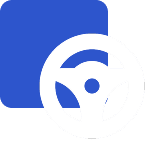 Steering wheel icon on blue and black.